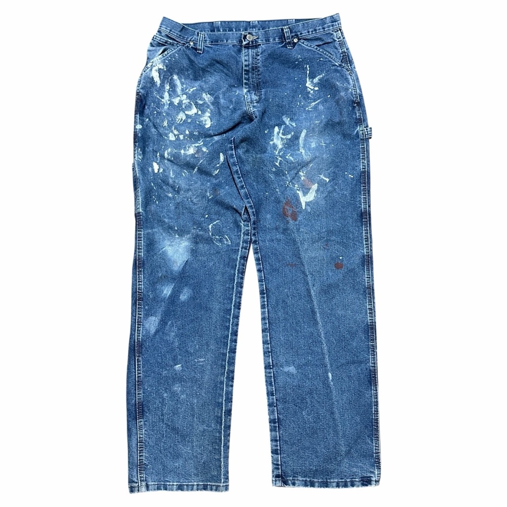 Mens Y2K Wrangler Paint Splatter Carpenter Work Blue Denim Jeans Size 36x34